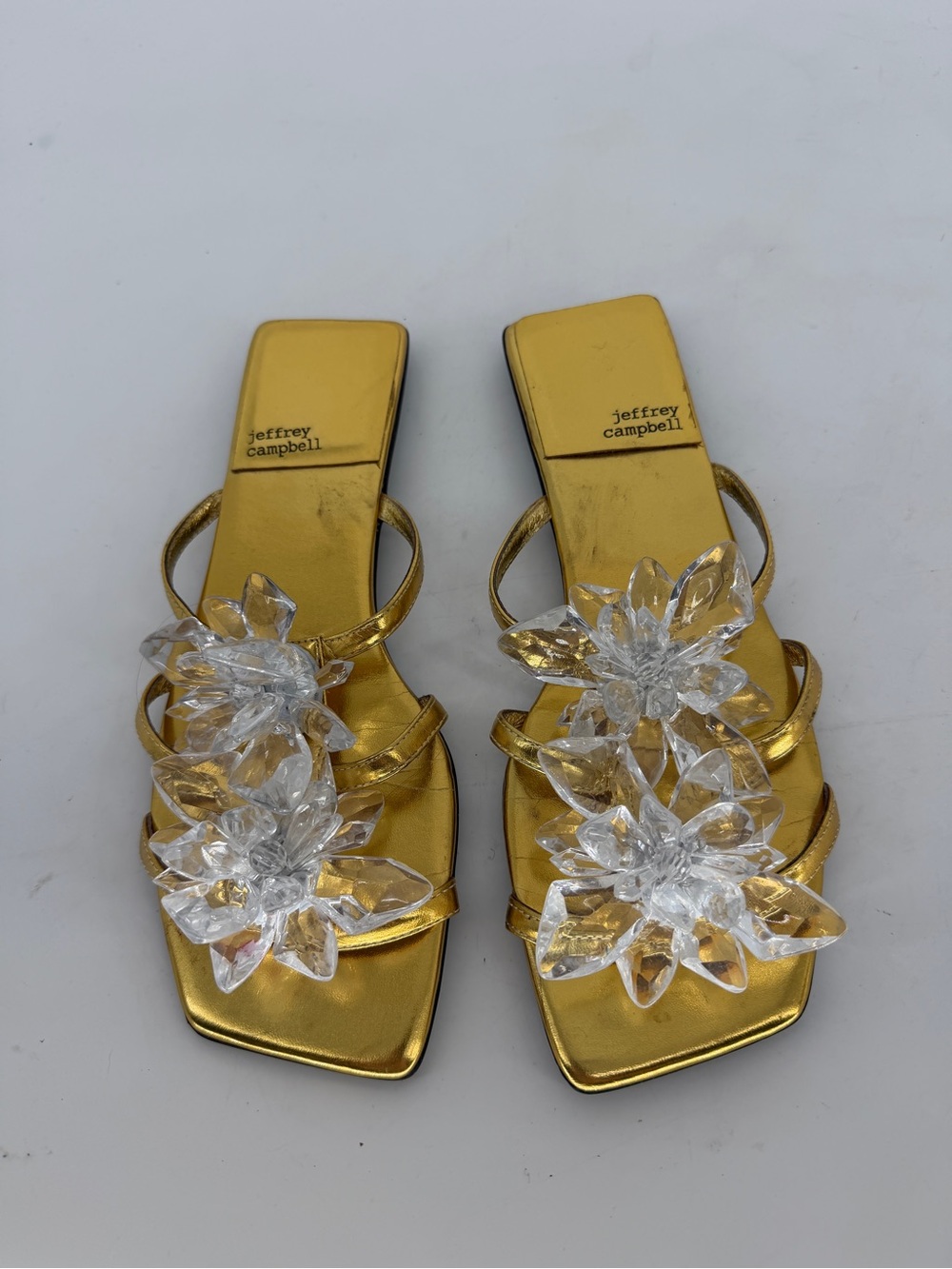 Jeffrey Campbell Gold Floral Statement Crystalize Flat Sandals Size 7